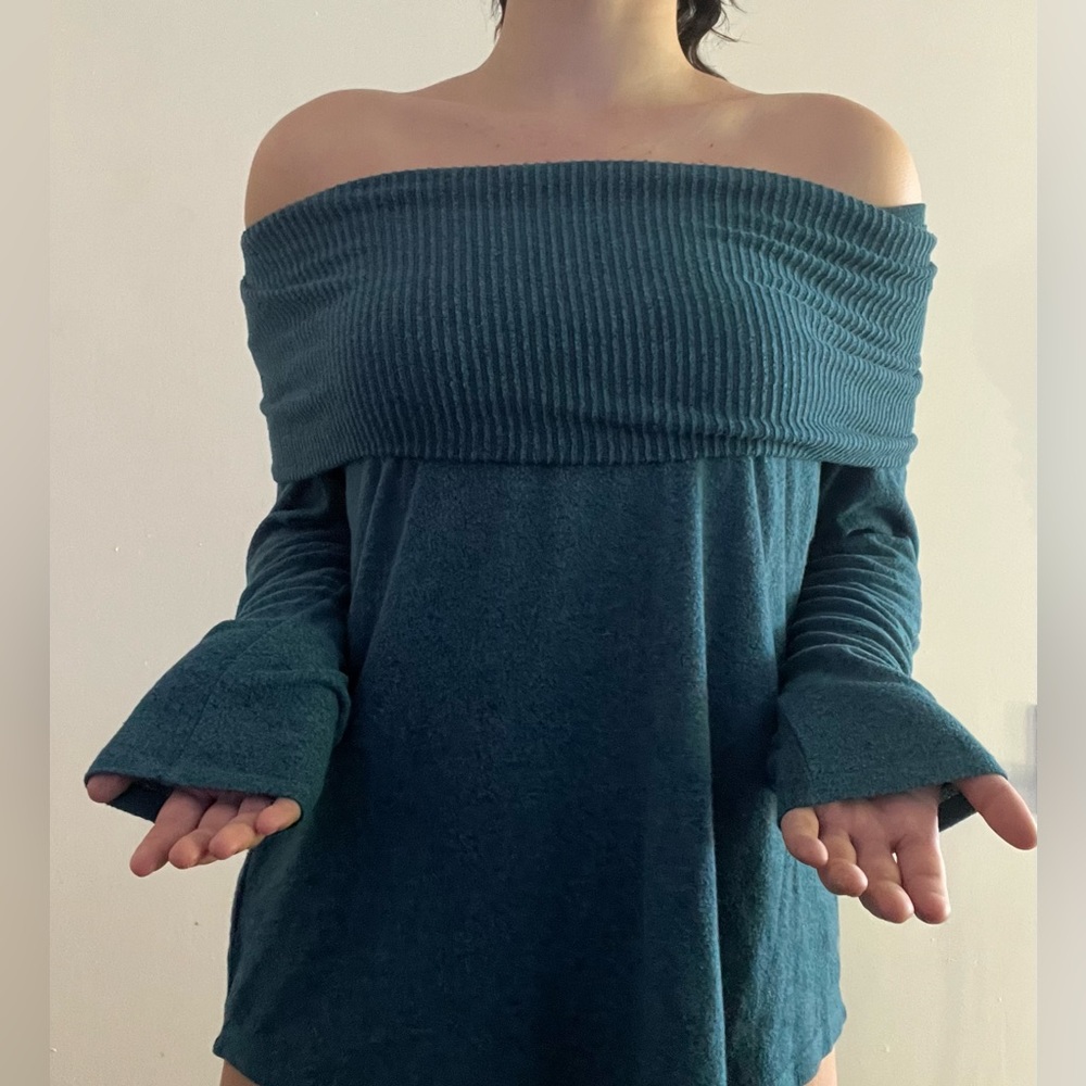 Off the shoulder teal light sweater